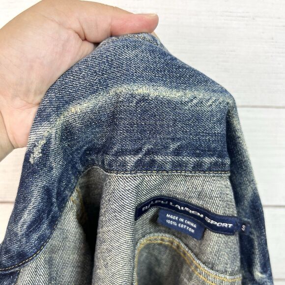 Vintage Ralph Lauren Sport Y2K Denim Jacket Womens Blue Jean Top Distressed Sz S - Picture 9 of 11
